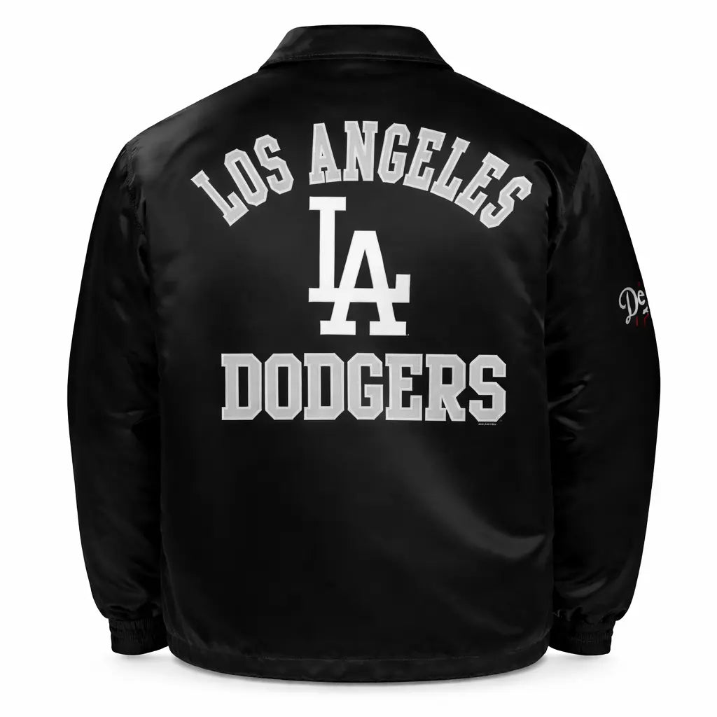 Men's LA Dodgers Satin Dugout Coach Jacket — Los Angeles Baseball Fan Jacket in Black & Royal Blue | Leveljacket - Leveljacket