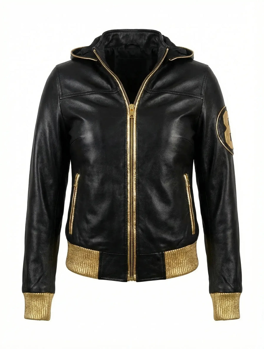 Duazan 8 Ball Hooded Leather Jacket – Black & Gold Edition Mens & Women outerwear Duazan