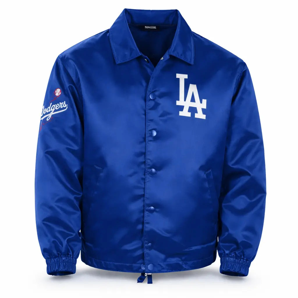 Men's LA Dodgers Satin Dugout Coach Jacket — Los Angeles Baseball Fan Jacket in Black & Royal Blue | Leveljacket - Leveljacket