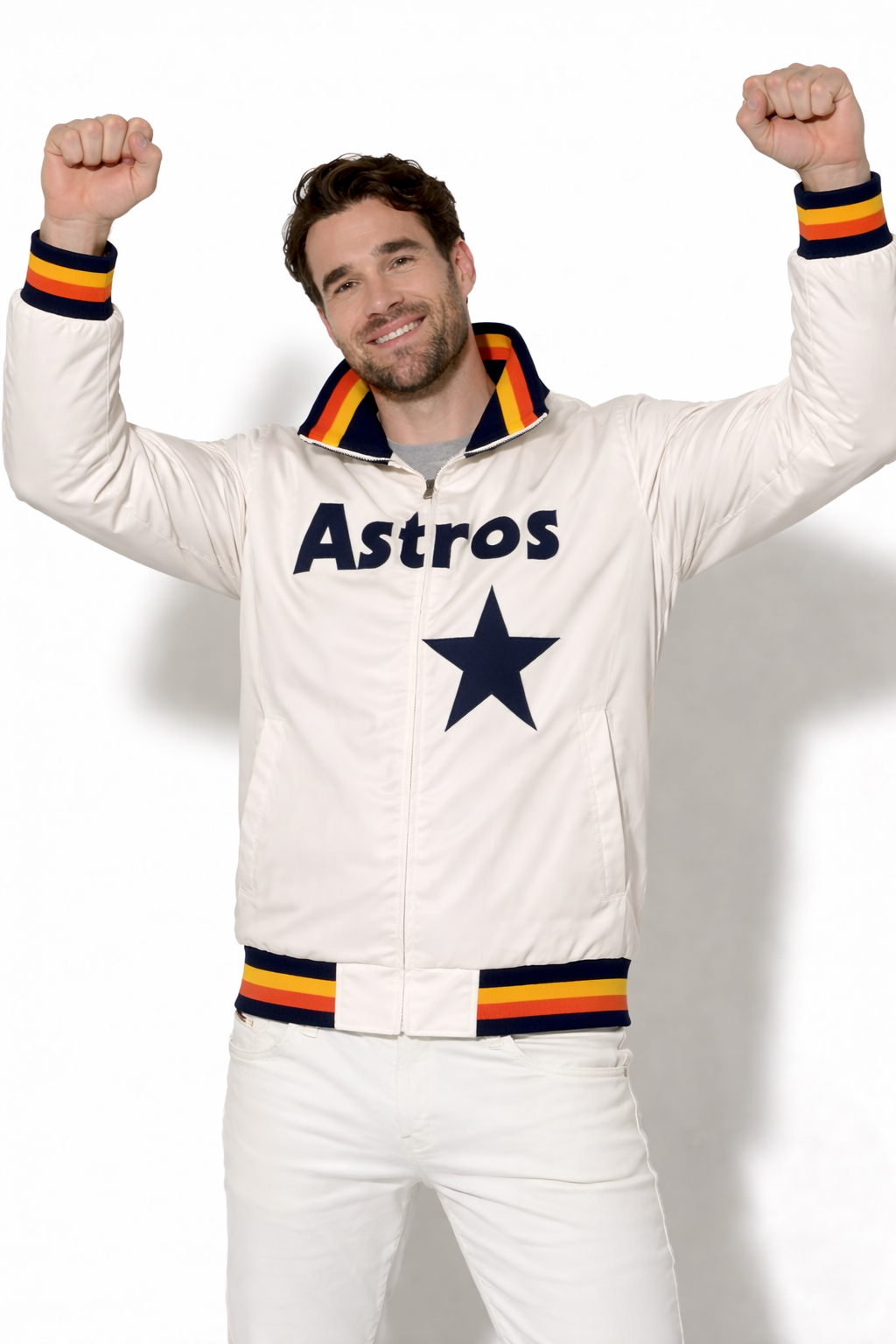 Men's Houston Astros Retro Satin Full Zip Jacket — Vintage Rainbow Stripe Baseball Fan Jacket | Leveljacket