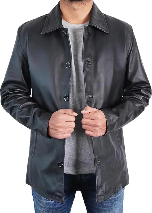 Duazan Men’s Brown Black  Lambskin Leather Car Coat for Men Duazan