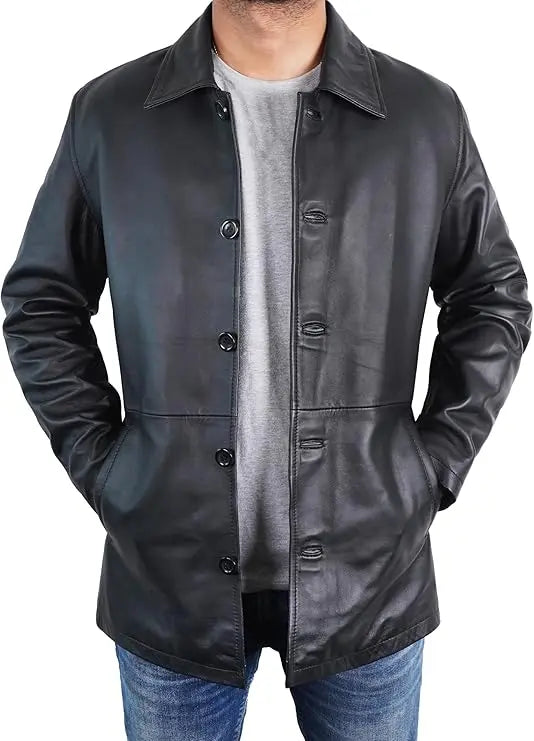 Duazan Men’s Brown Black  Lambskin Leather Car Coat for Men Duazan