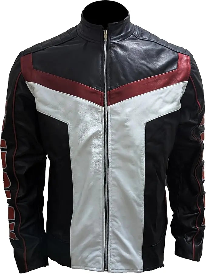 Leveljacket Mr. Terrific Inspired Black White & Red Leather Jacket — "Fair Play" Handcrafted DC Superhero Cosplay Biker Jacket - Leveljacket