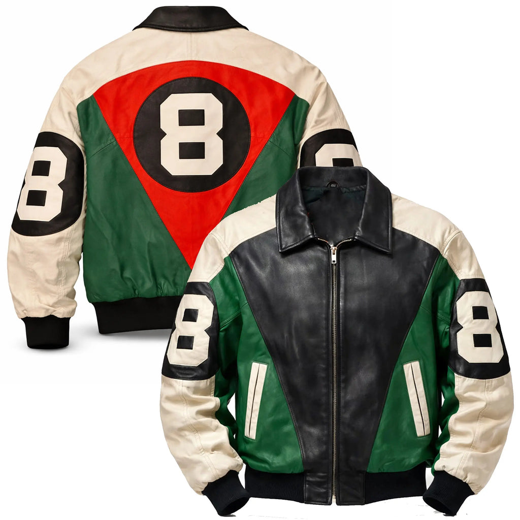 8 ball leather jacket black green - handcrafted genuine leather, David Puddy style 8 ball jacket vintage