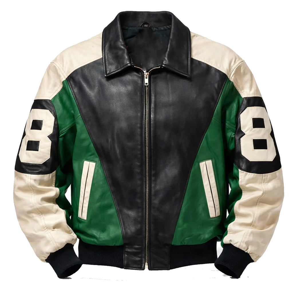 8 ball leather jacket black green - handcrafted genuine leather, David Puddy style 8 ball jacket vintage