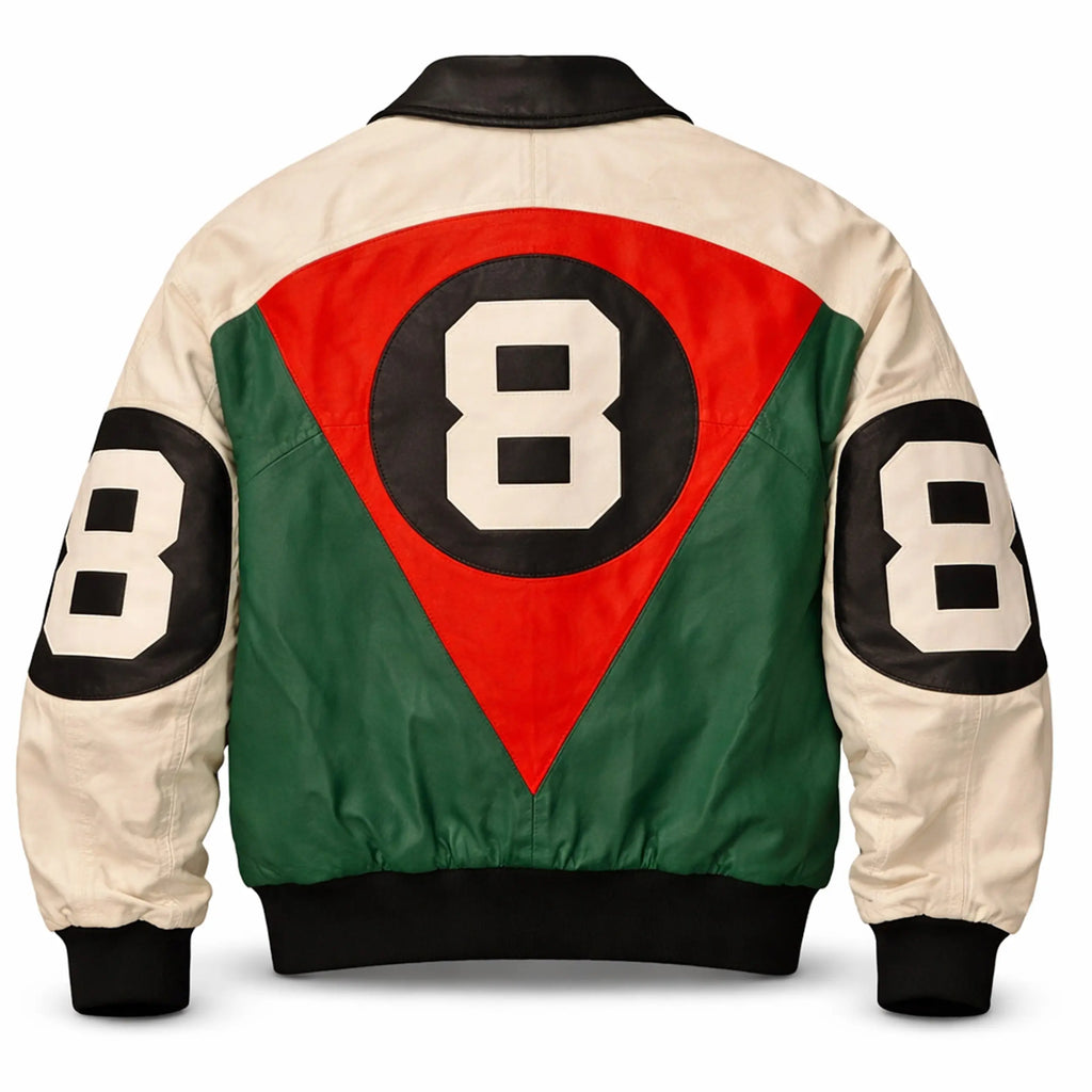 8 ball leather jacket black green - handcrafted genuine leather", "David Puddy style 8 ball jacket vintage