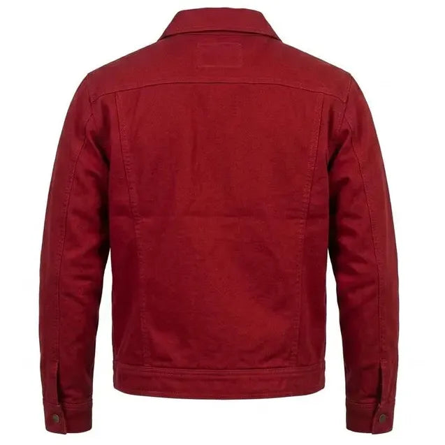 back view of the Leveljacket Crimson Red cotton utility jacket showcasing a pointed turn-down collar, metallic front zipper, a horizontal zippered left chest pocket, and a clean minimalist back panel design.