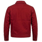 back view of the Leveljacket Crimson Red cotton utility jacket showcasing a pointed turn-down collar, metallic front zipper, a horizontal zippered left chest pocket, and a clean minimalist back panel design.