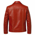back views of the Leveljacket Tyler Durden Fight Club red leather jacket, showcasing its prominent 1970s wide lapels, 4-button front closure, large flap waist pockets, and detailed white contrast seam stitching.