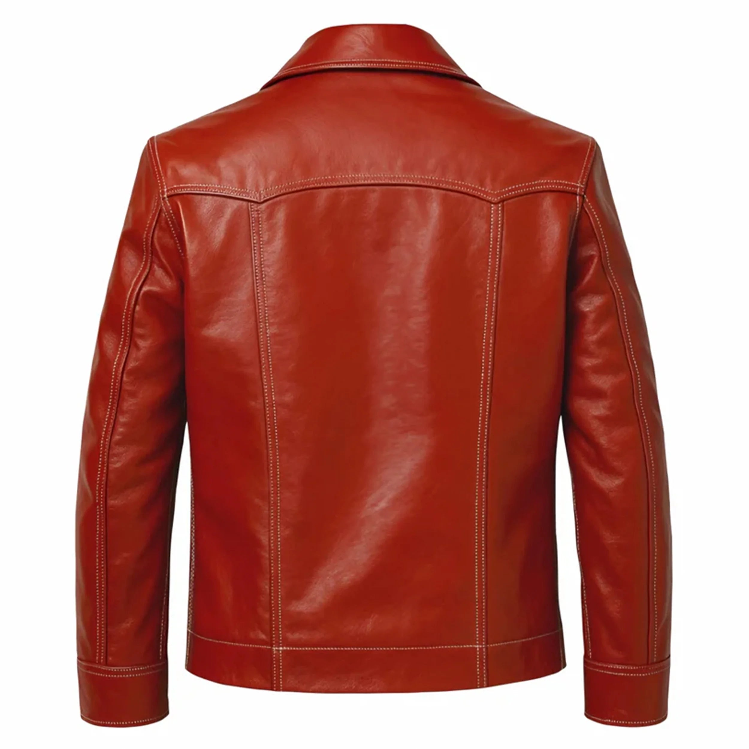 back views of the Leveljacket Tyler Durden Fight Club red leather jacket, showcasing its prominent 1970s wide lapels, 4-button front closure, large flap waist pockets, and detailed white contrast seam stitching.