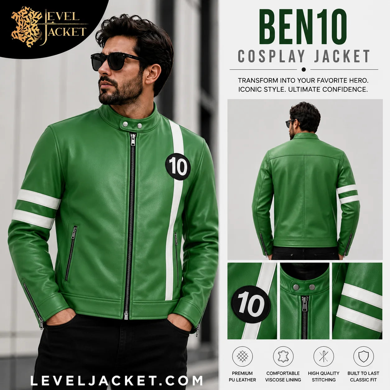 Leveljacket Ben10 Edition Real Leather Cosplay Moto Biker Jacket with White Racing Stripe and 10 Patch