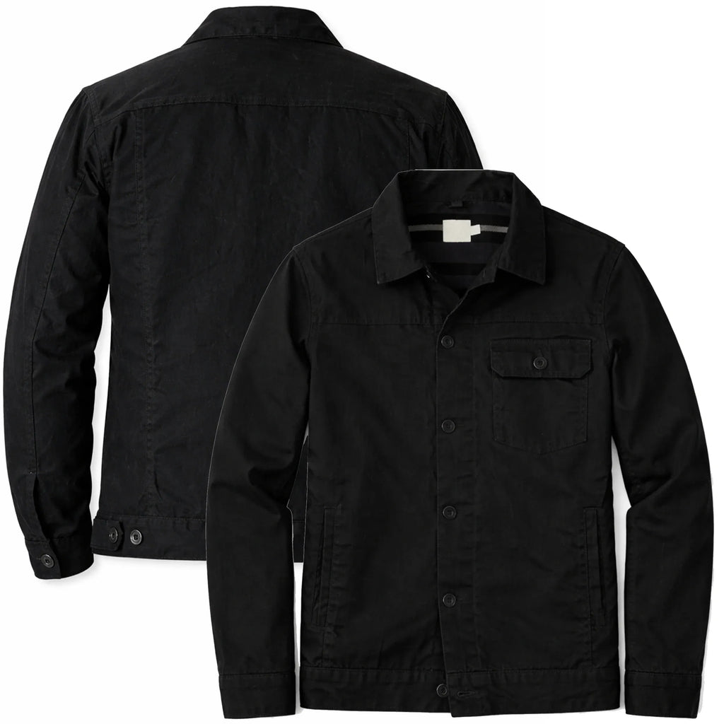 Front and back view of Leveljacket Stealth Black trucker jacket showcasing a matte black monochrome workwear design with premium shank button closure.