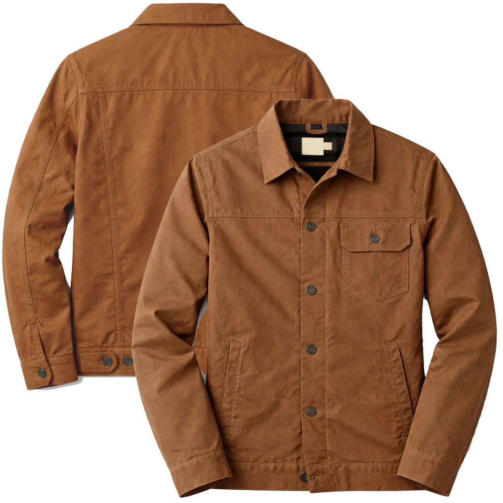 Front and back view of Leveljacket Field Brown cotton trucker jacket featuring a single button-flap chest pocket, welted side pockets, and adjustable waist tabs.
