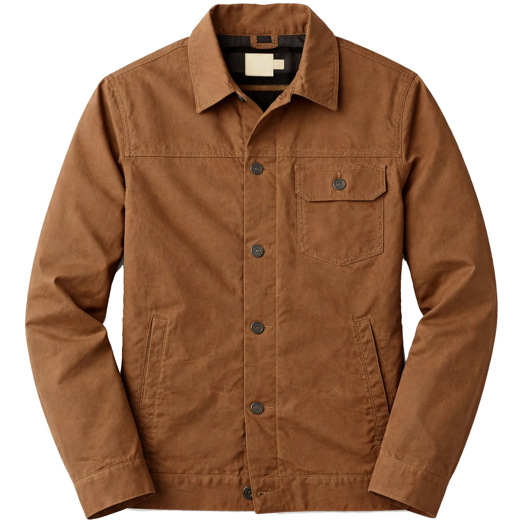 Front and back view of Leveljacket Field Brown cotton trucker jacket featuring a single button-flap chest pocket, welted side pockets, and adjustable waist tabs.