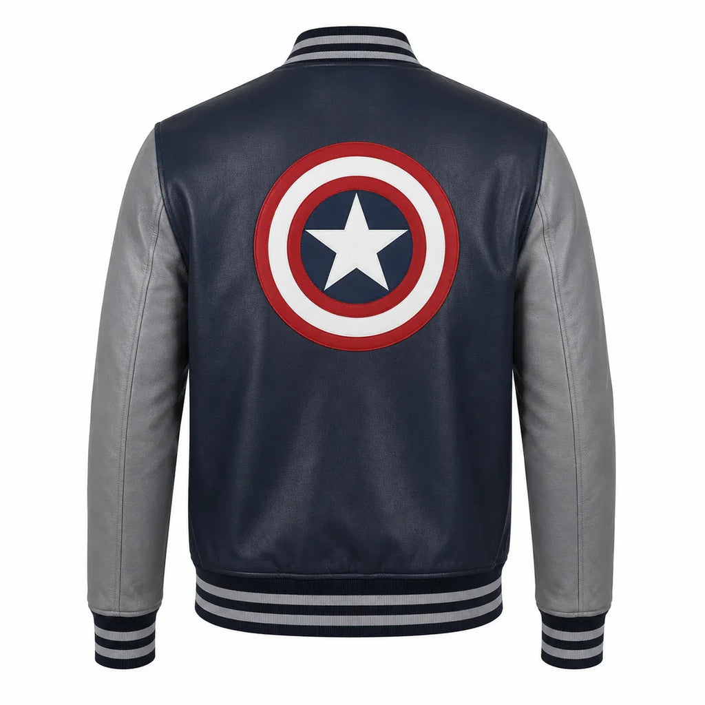 Jacket with Captain America logo on the back against a white background
