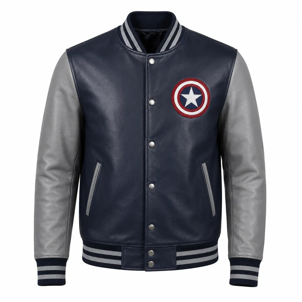 Navy and gray varsity jacket with a star emblem on a white background