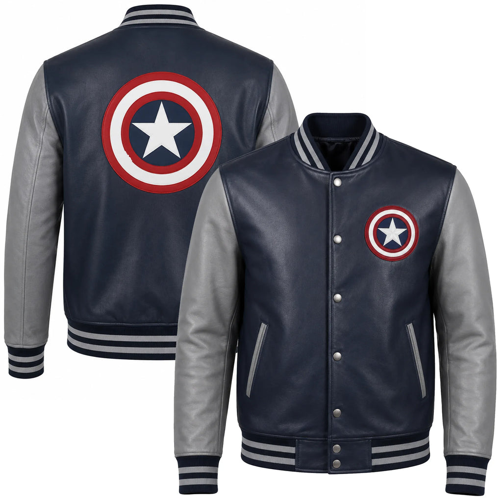 Navy and gray varsity jacket with Captain America emblem on a white background