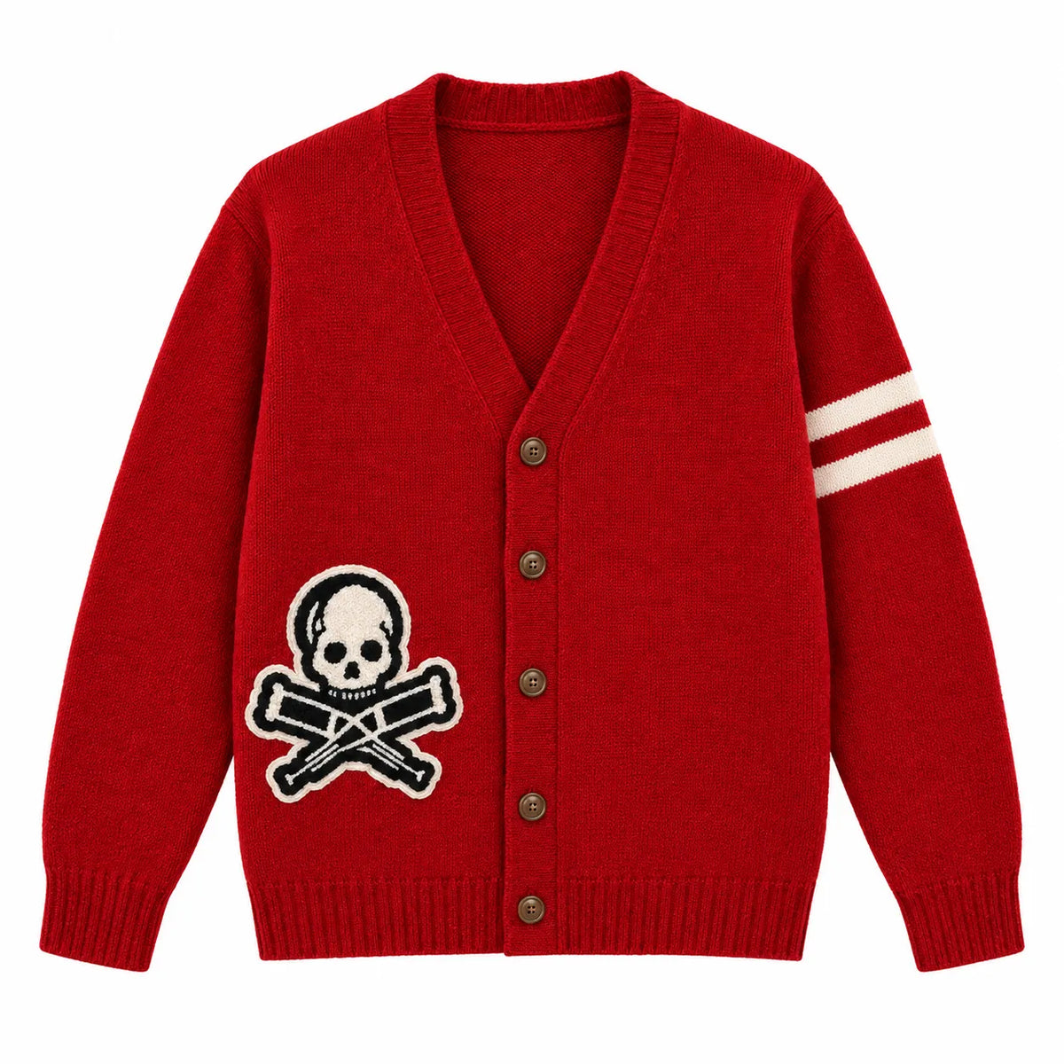 Johnny Knoxville Inspired Red Cardigan Handknit Wool Skull | Retro Skull Crossbones Knit