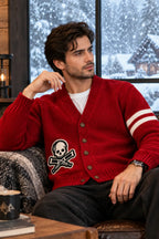 Johnny Knoxville Inspired Red Cardigan Handknit Wool Skull | Retro Skull Crossbones Knit