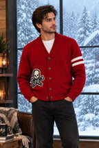 Johnny Knoxville Inspired Red Cardigan Handknit Wool Skull | Retro Skull Crossbones Knit