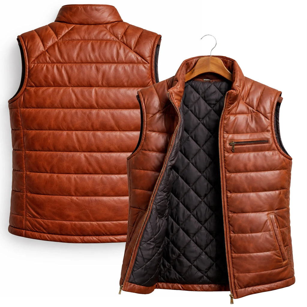 Leveljacket Cognac Leather Puffer Vest — Handcrafted Premium Quilted Gilet