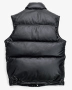 back showcase of the Leveljacket Matte Black leather quilted puffer vest, detailing its wide horizontal thermal baffles, high insulated stand-up collar, front vertical zipper pockets, snap-button closure placket, and elasticated lower back hem.