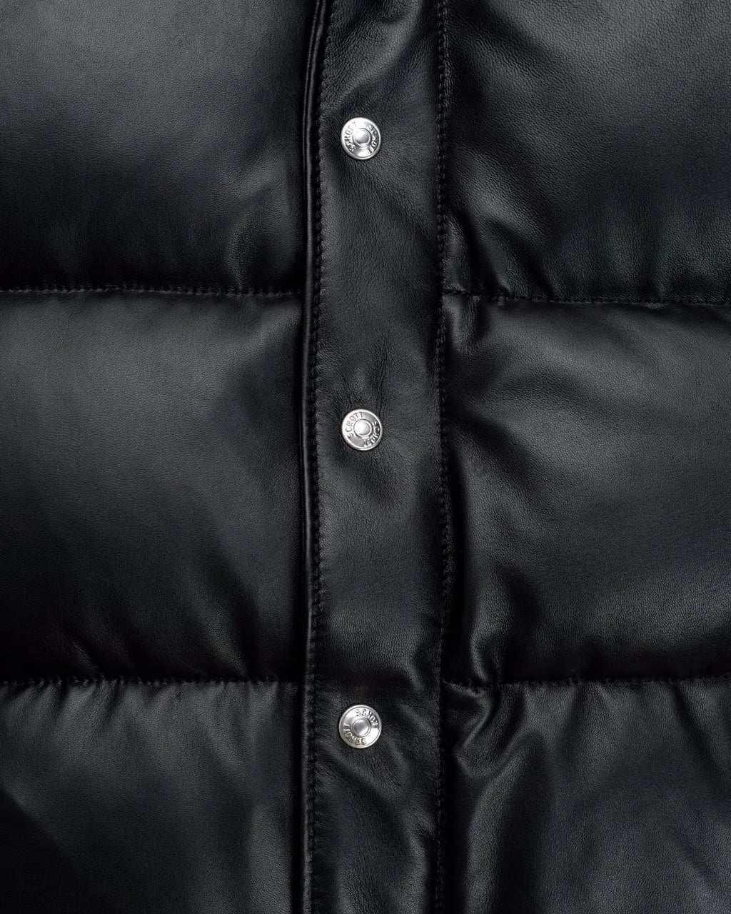 Front Zoom showcase of the Leveljacket Matte Black leather quilted puffer vest, detailing its wide horizontal thermal baffles, high insulated stand-up collar, front vertical zipper pockets, snap-button closure placket, and elasticated lower back hem.