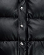 Front Zoom showcase of the Leveljacket Matte Black leather quilted puffer vest, detailing its wide horizontal thermal baffles, high insulated stand-up collar, front vertical zipper pockets, snap-button closure placket, and elasticated lower back hem.