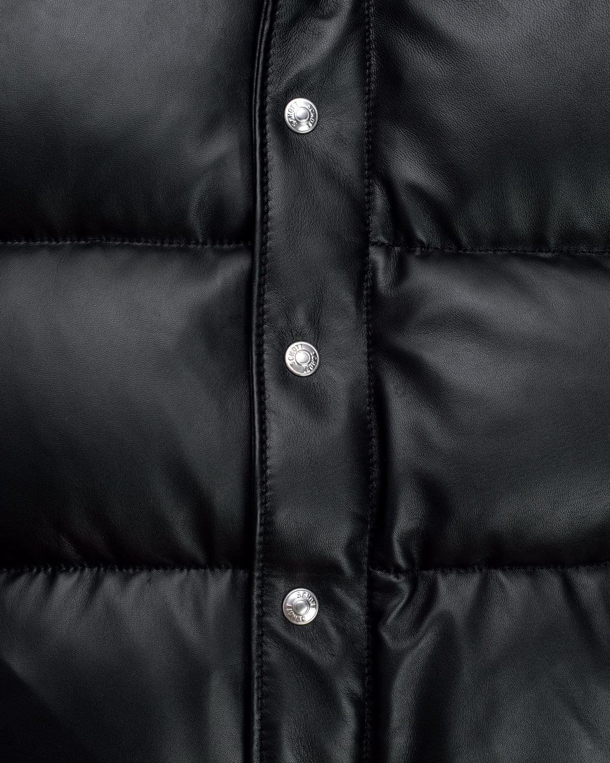 Front Zoom showcase of the Leveljacket Matte Black leather quilted puffer vest, detailing its wide horizontal thermal baffles, high insulated stand-up collar, front vertical zipper pockets, snap-button closure placket, and elasticated lower back hem.