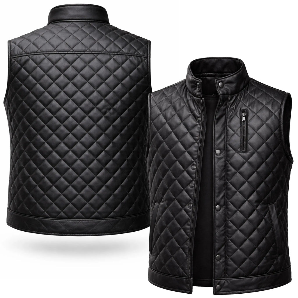 Diamond Quilted Leather Vest for Men and Women — Black Sleeveless Biker Gilet | Leveljacket - Leveljacket