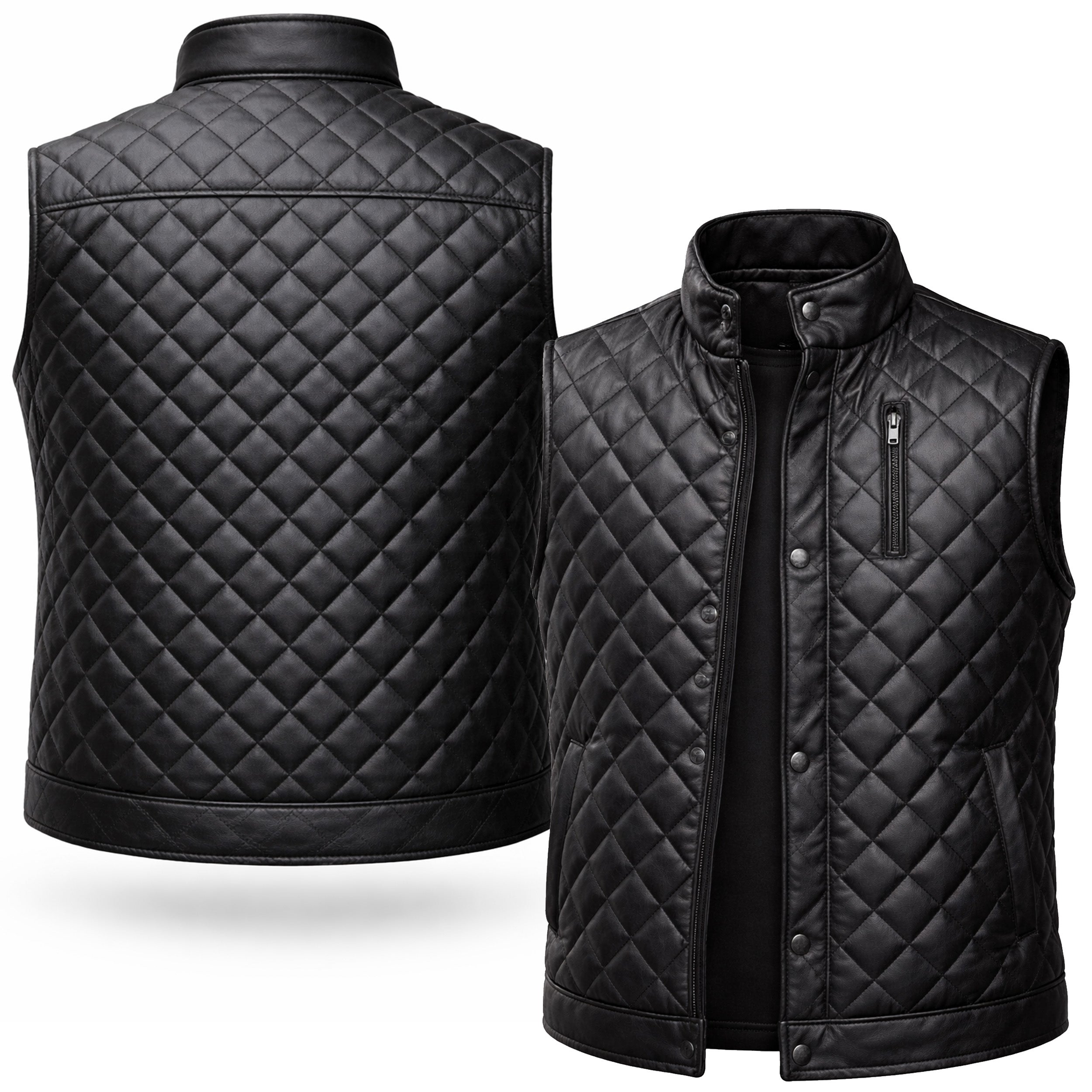 Diamond Quilted Leather Vest for Men and Women — Black Sleeveless Biker Gilet | Leveljacket