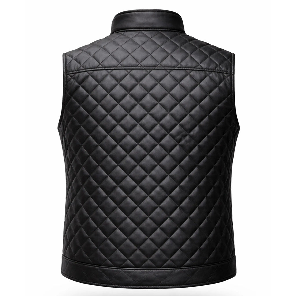 Diamond Quilted Leather Vest for Men and Women — Black Sleeveless Biker Gilet | Leveljacket - Leveljacket
