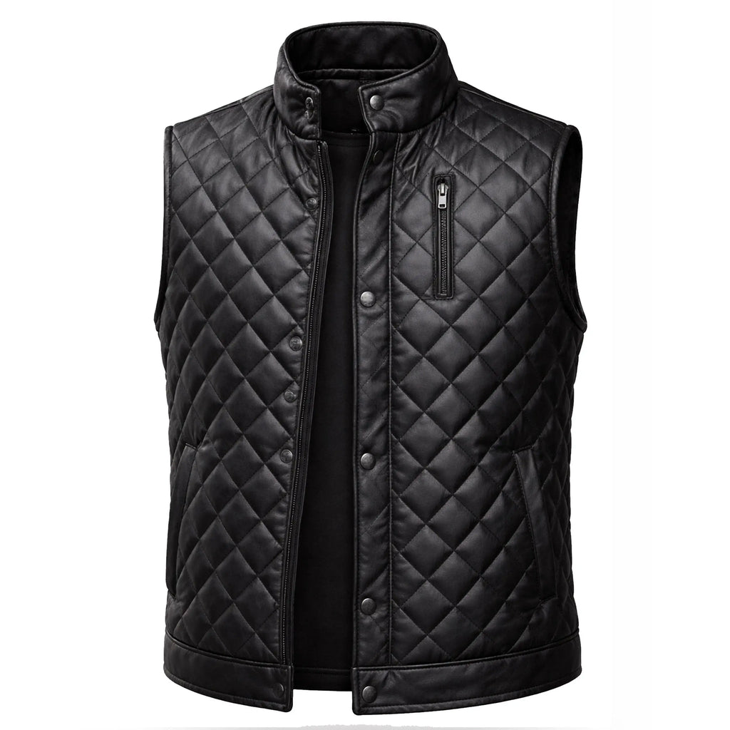 Diamond Quilted Leather Vest for Men and Women — Black Sleeveless Biker Gilet | Leveljacket - Leveljacket
