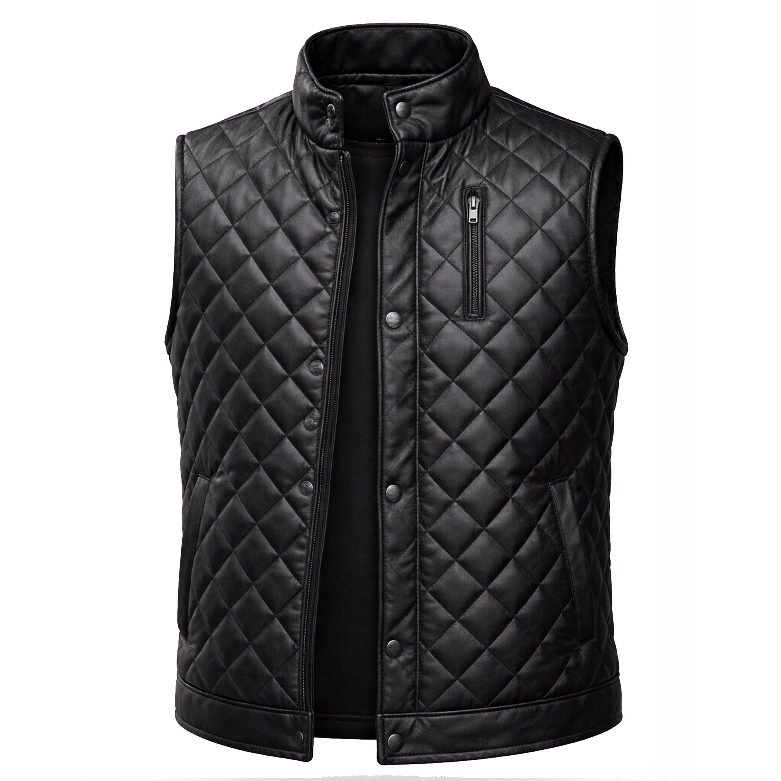 Diamond Quilted Leather Vest for Men and Women — Black Sleeveless Biker Gilet | Leveljacket
