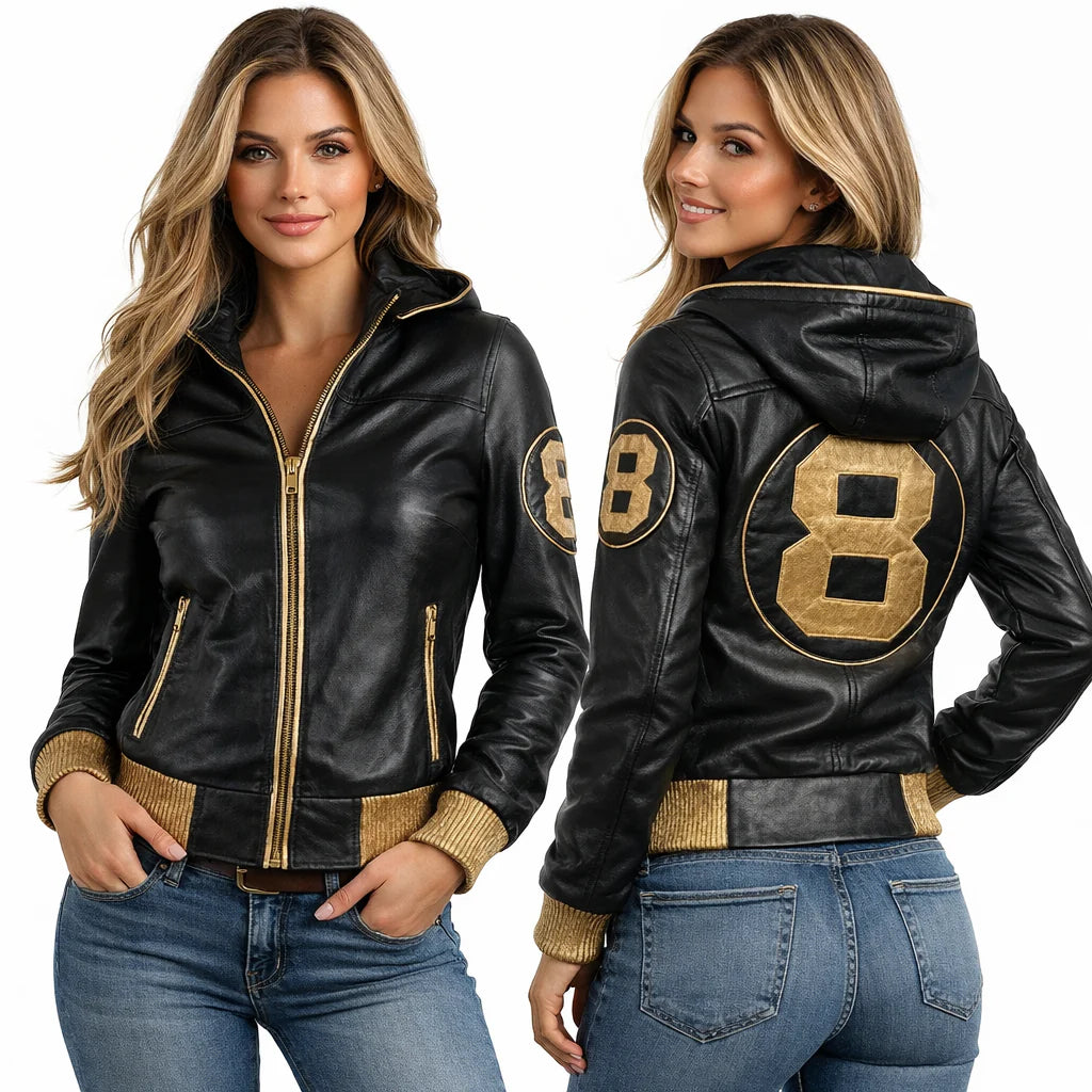 Men's & Women's 8 Ball Pool Black Gold Hooded Leather Jacket — Unisex Streetwear Bomber | Leveljacket