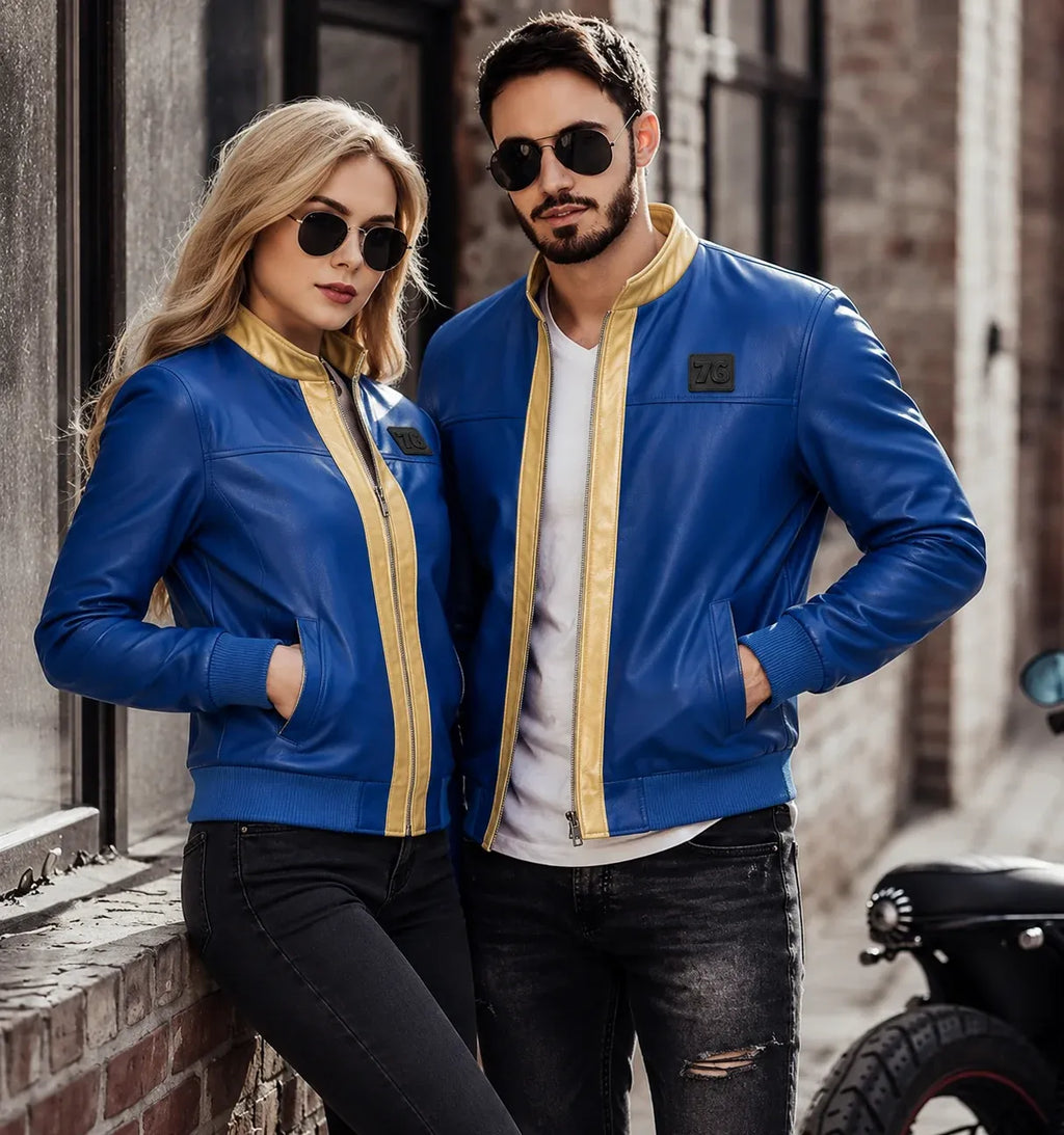 Two people wearing matching blue leather jackets standing in an urban setting.