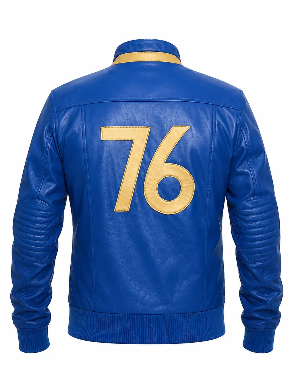 Blue leather jacket with gold number 76 on the back against a white background