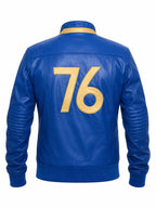 Blue leather jacket with gold number 76 on the back against a white background