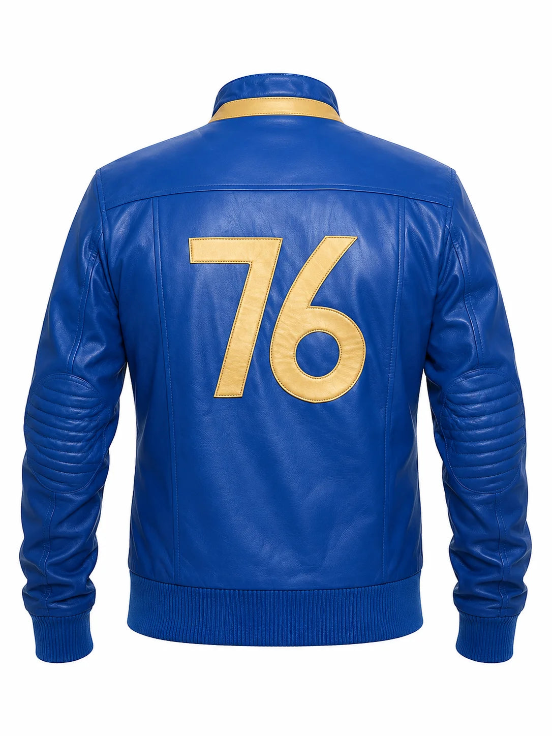 Blue leather jacket with gold number 76 on the back against a white background