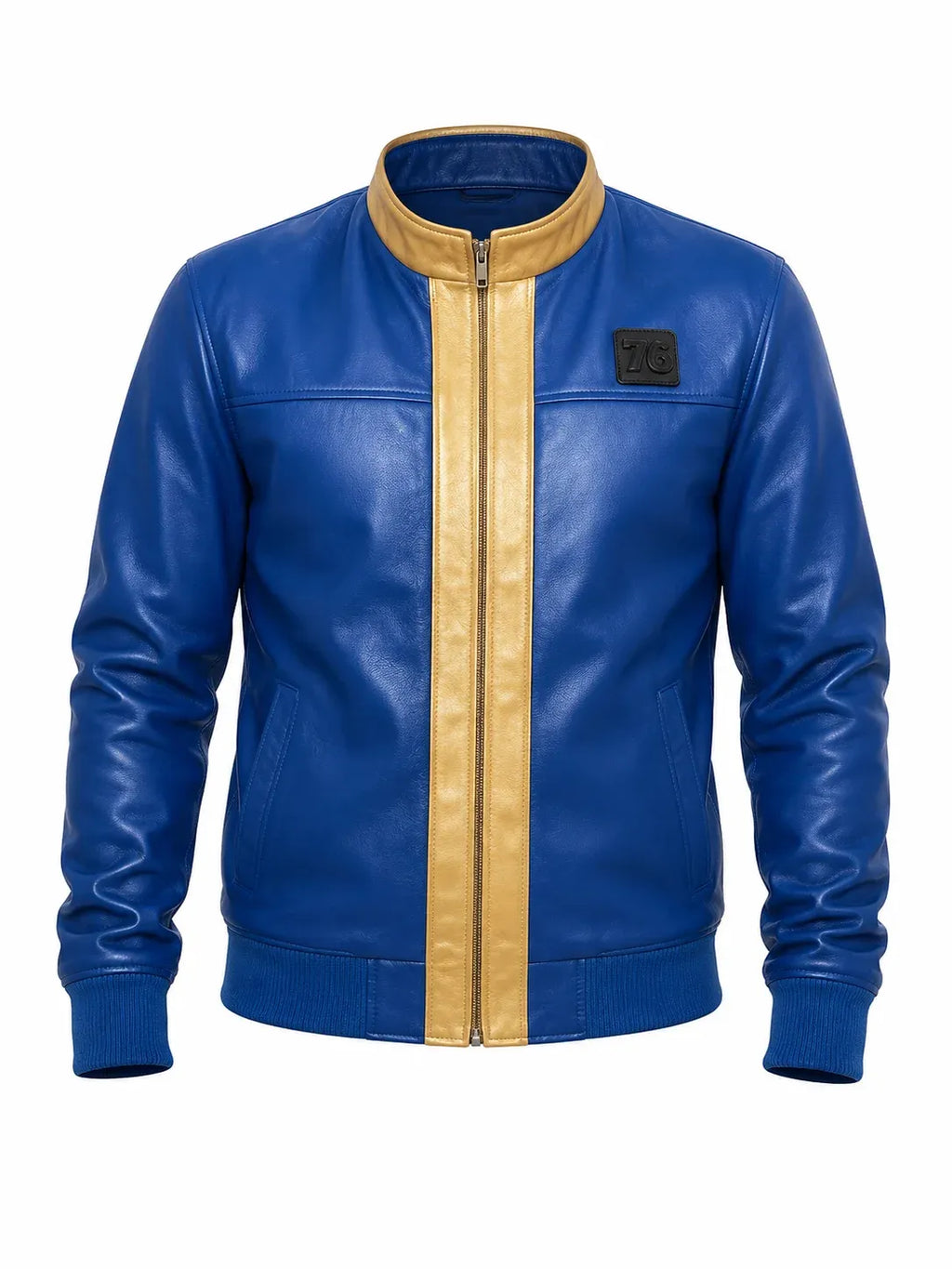Blue leather jacket with a gold zipper on a white background