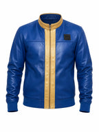 Blue leather jacket with a gold zipper on a white background