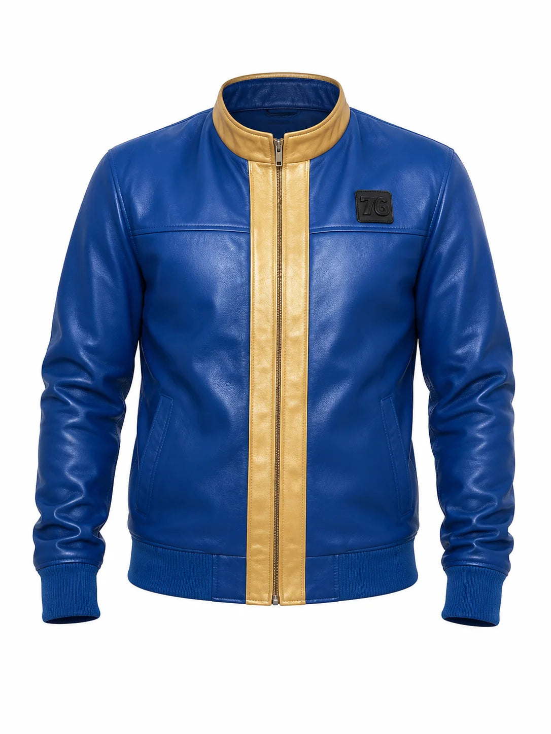 Blue leather jacket with a gold zipper on a white background