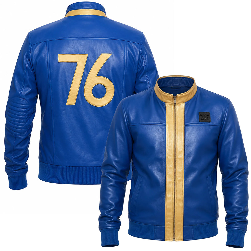 Fallout 76 Vault Dweller Leather Bomber Jacket — Blue & Gold Vault-Tec Cosplay Handmade Jacket