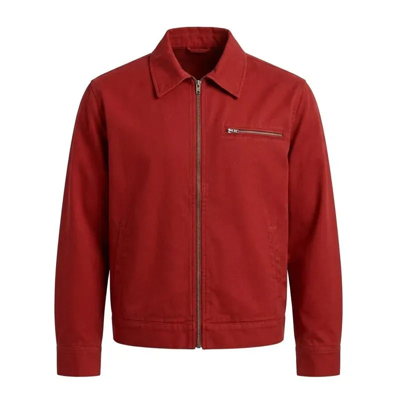 Front view of the Leveljacket Crimson Red cotton utility jacket showcasing a pointed turn-down collar, metallic front zipper, a horizontal zippered left chest pocket, and a clean minimalist back panel design.