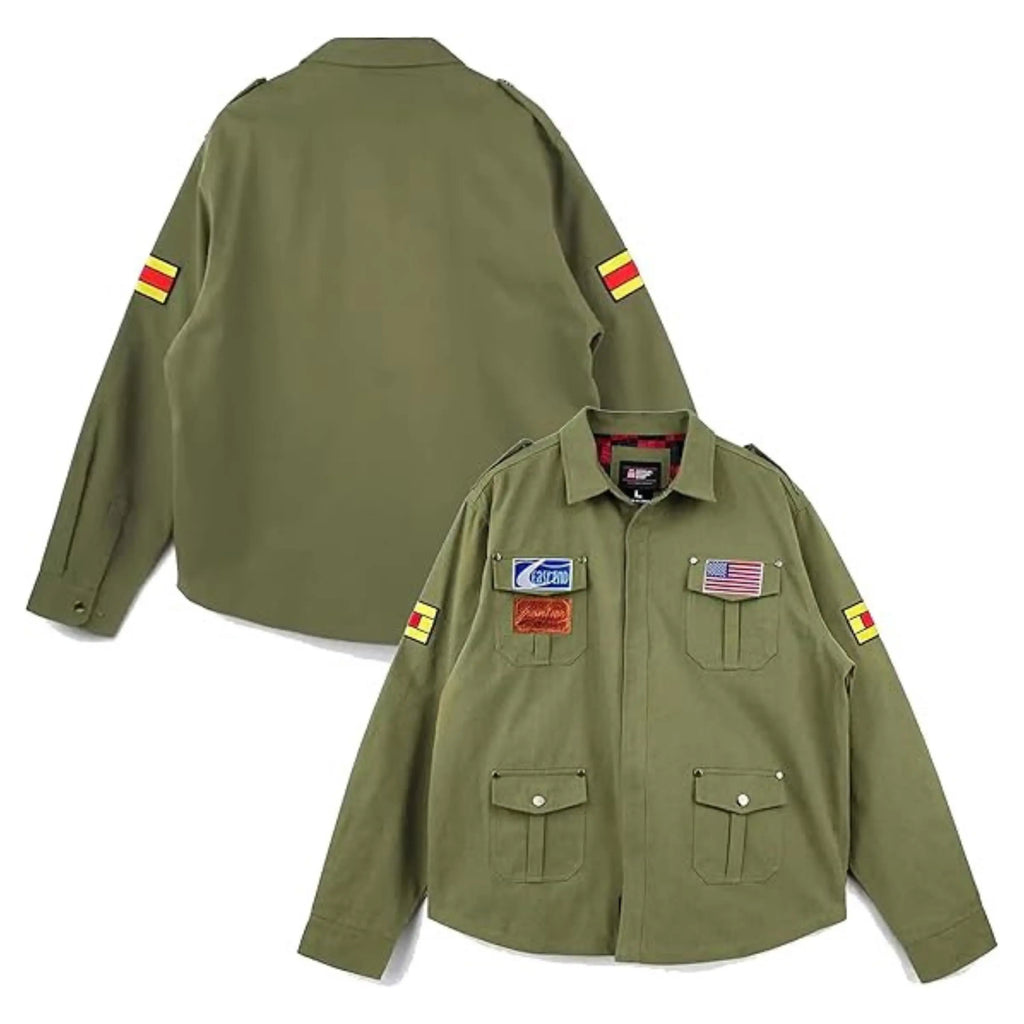 A promotional graphic for the Leveljacket Silent Hill 2 James Jacket showcasing a model wearing the green cotton field coat on the left, a back view panel on the upper right, and close-up panels of the game-accurate embroidered American flag, text patches, and yellow-red sleeve stripes on the lower right.