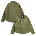 A promotional graphic for the Leveljacket Silent Hill 2 James Jacket showcasing a model wearing the green cotton field coat on the left, a back view panel on the upper right, and close-up panels of the game-accurate embroidered American flag, text patches, and yellow-red sleeve stripes on the lower right.