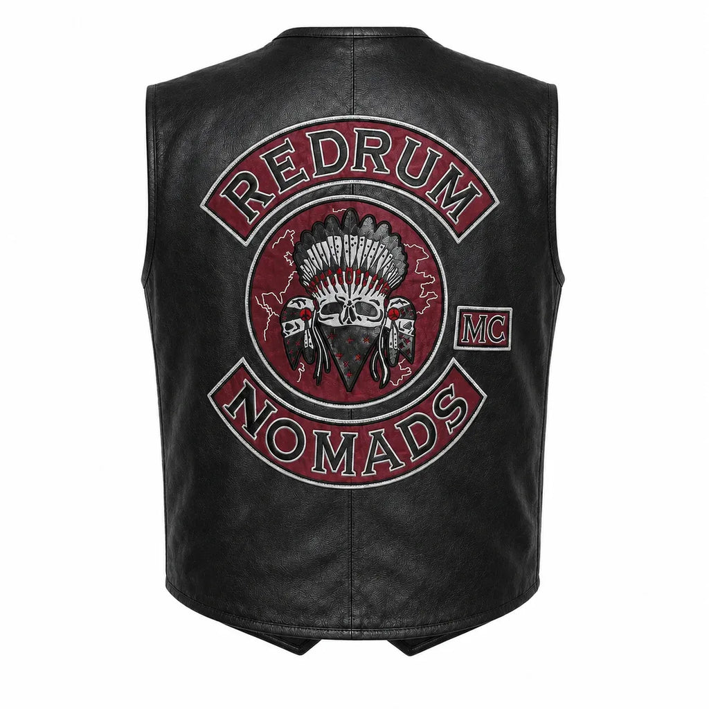 Black leather vest shown from the back, featuring a large 'Redrum Nomads MC' graphic with a skull and feathered headdress on a red background.