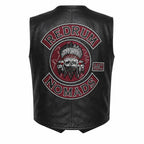 Black leather vest shown from the back, featuring a large 'Redrum Nomads MC' graphic with a skull and feathered headdress on a red background.