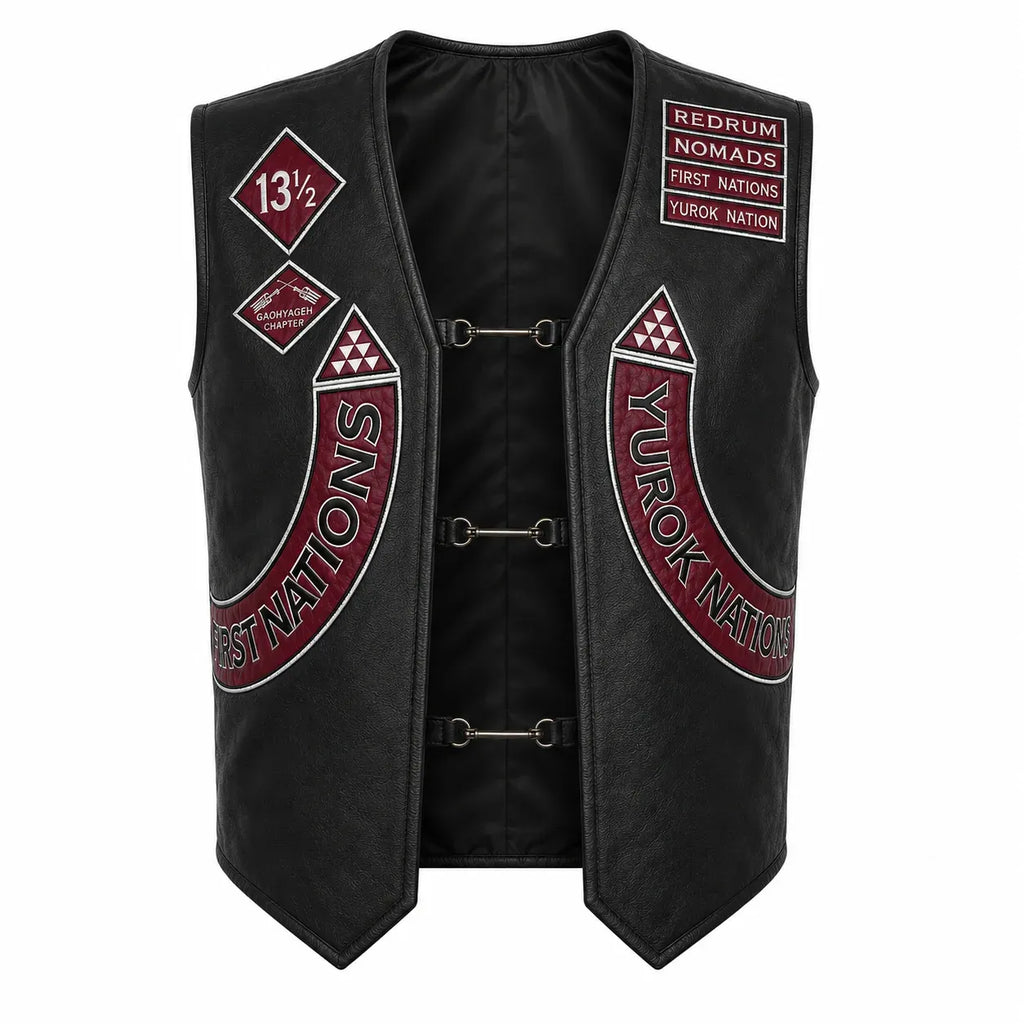 Jason Momoa vest black leather biker vest with red and white embroidered patches, featuring the words '13/4' and 'REDRUM NOMADS FIRST NATIONS TURK NATION' on a plain white background.