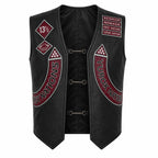 Jason Momoa vest black leather biker vest with red and white embroidered patches, featuring the words '13/4' and 'REDRUM NOMADS FIRST NATIONS TURK NATION' on a plain white background.